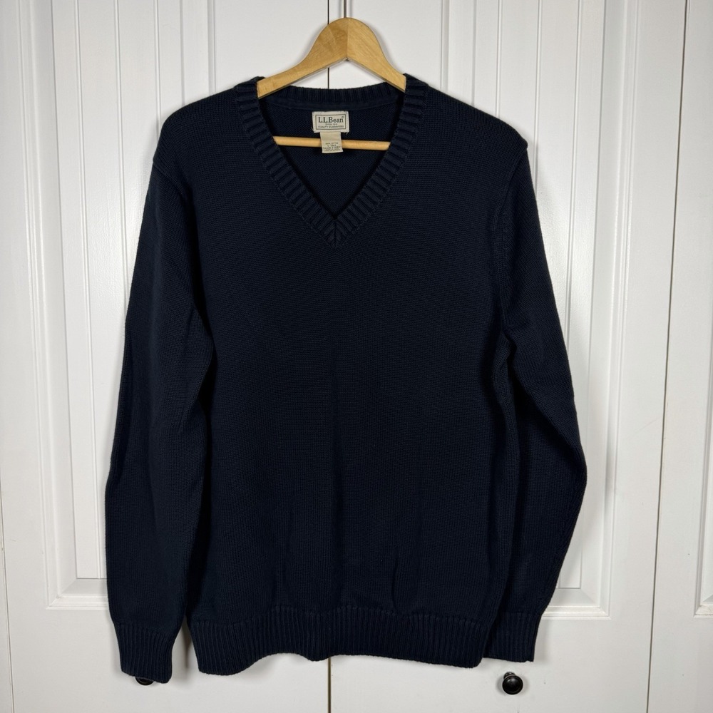 L.L. Bean Men's Size Large Tall Pullover Sweater Navy Blue V-Neck Cotton
